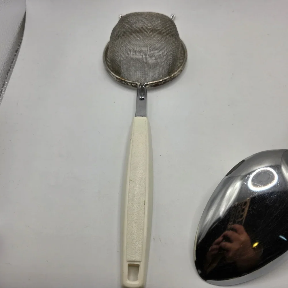 Vintage Ekco Serving Spoon and Mesh Strainer Set Green Cream MCM USA Made